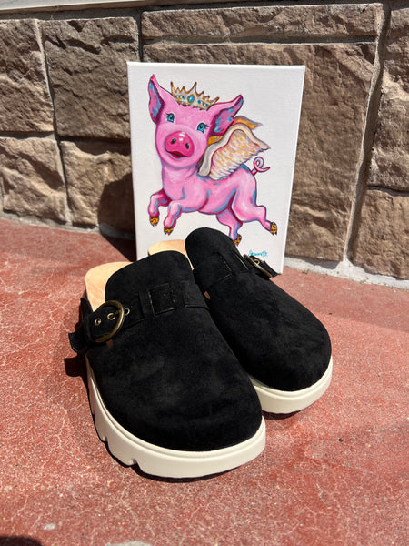 Corkys Tardy Clogs Black Faux Suede
