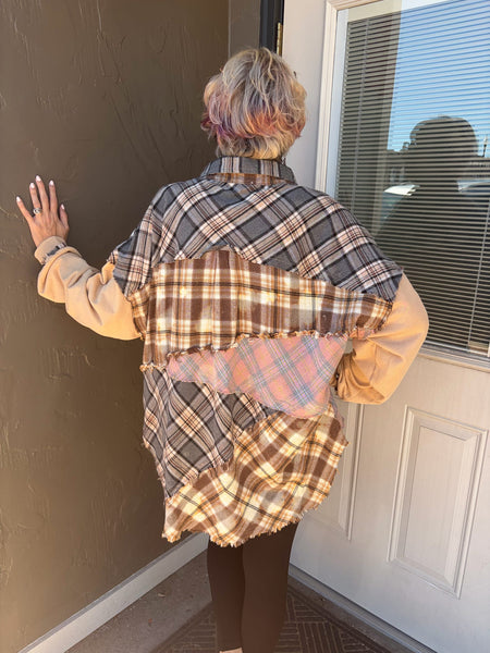 Coffee Bleached Fabric Mixed Long Sleeve Top