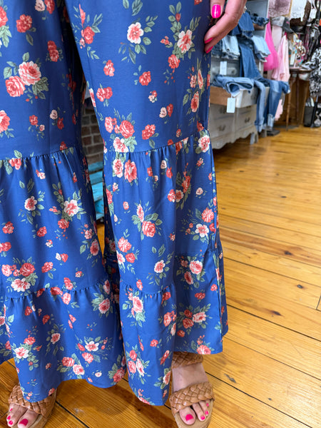 Denim Wide Leg Floral Print Jumpsuit
