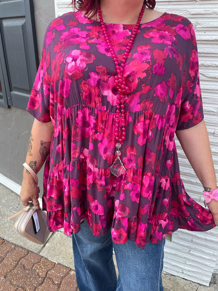 Ruby Plum Short Sleeve Floral Printed Tiered Top Plus Size