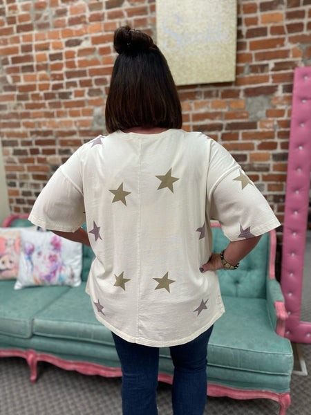 Khaki Short Sleeve Star Patch & Print Top Plus Size