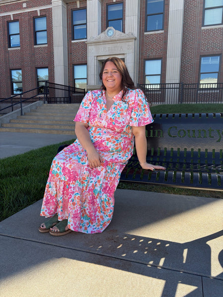 Coral Frill Hem Floral Print Sun Dress Plus Size