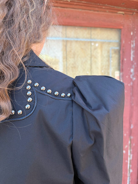 Black Puff Sleeve Pearl Snap Studded Shirt