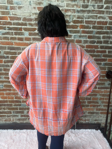 Coral LS Mineral Washed Plaid Button Up Top Plus Size