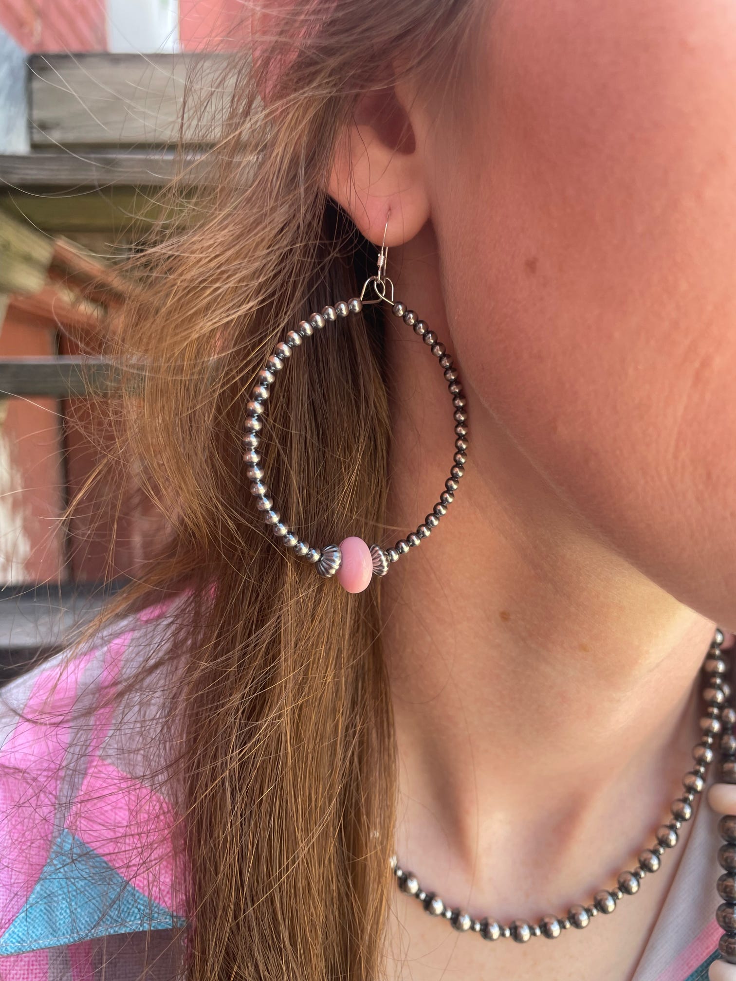 Smaller Sterling Silver Pearls Hoops w/ Pink Conch