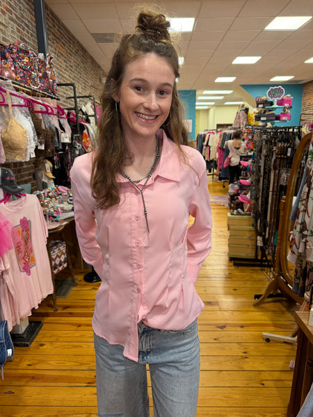 Soft Pink Button Down Long Sleeve Blouse