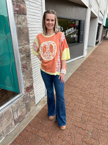 Carrot Color Peace Sign Top w/ Floral Details