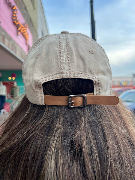 Sophia Glitz Distressed Baseball Cap w/ Matching Leather Buckle Khaki