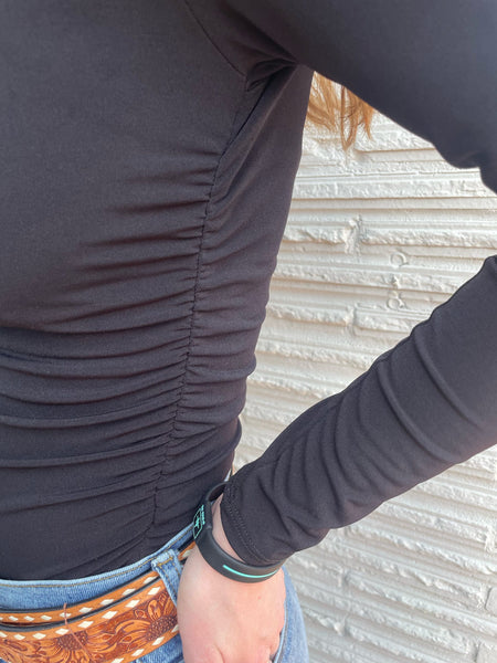 Black Square Neck Line Ruched Side Long Sleeve Top