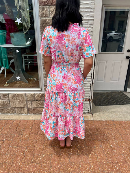 Coral Frill Hem Floral Print Sun Dress