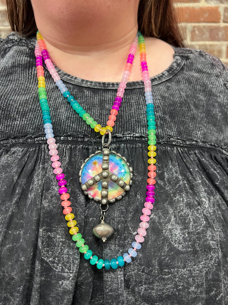 Tie Dye Peace Sign Charm on Colorful Strand Necklace Art By Amy