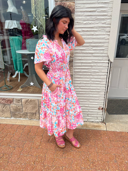 Coral Frill Hem Floral Print Sun Dress