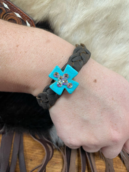 Leather Bracelet w/ Bling Cross