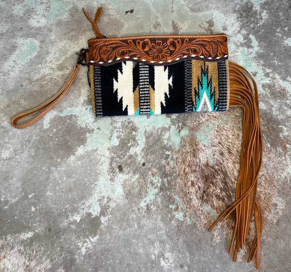 Tan/Grey/Turquoise/White Aztec Saddle Blanket Wristlet w/ Tooled Leather & Fringe