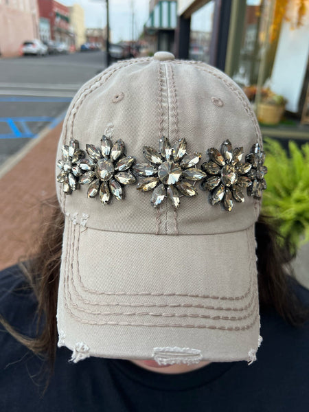 Sophia Glitz Distressed Baseball Cap w/ Matching Leather Buckle Khaki