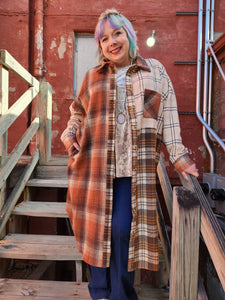 Rust/Taupe Flannel Plaid Check Long Duster Plus Size