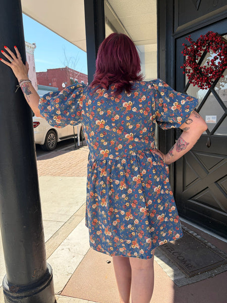 Denim Floral Bubble Sleeves Bow Front Dress