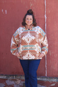 Plus Aztec Printed Henley Woven Pullover Top