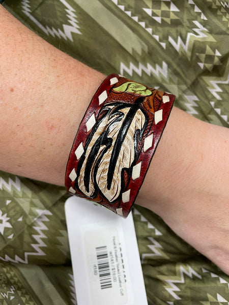 Floral & Feather Tooled Leather Cuff