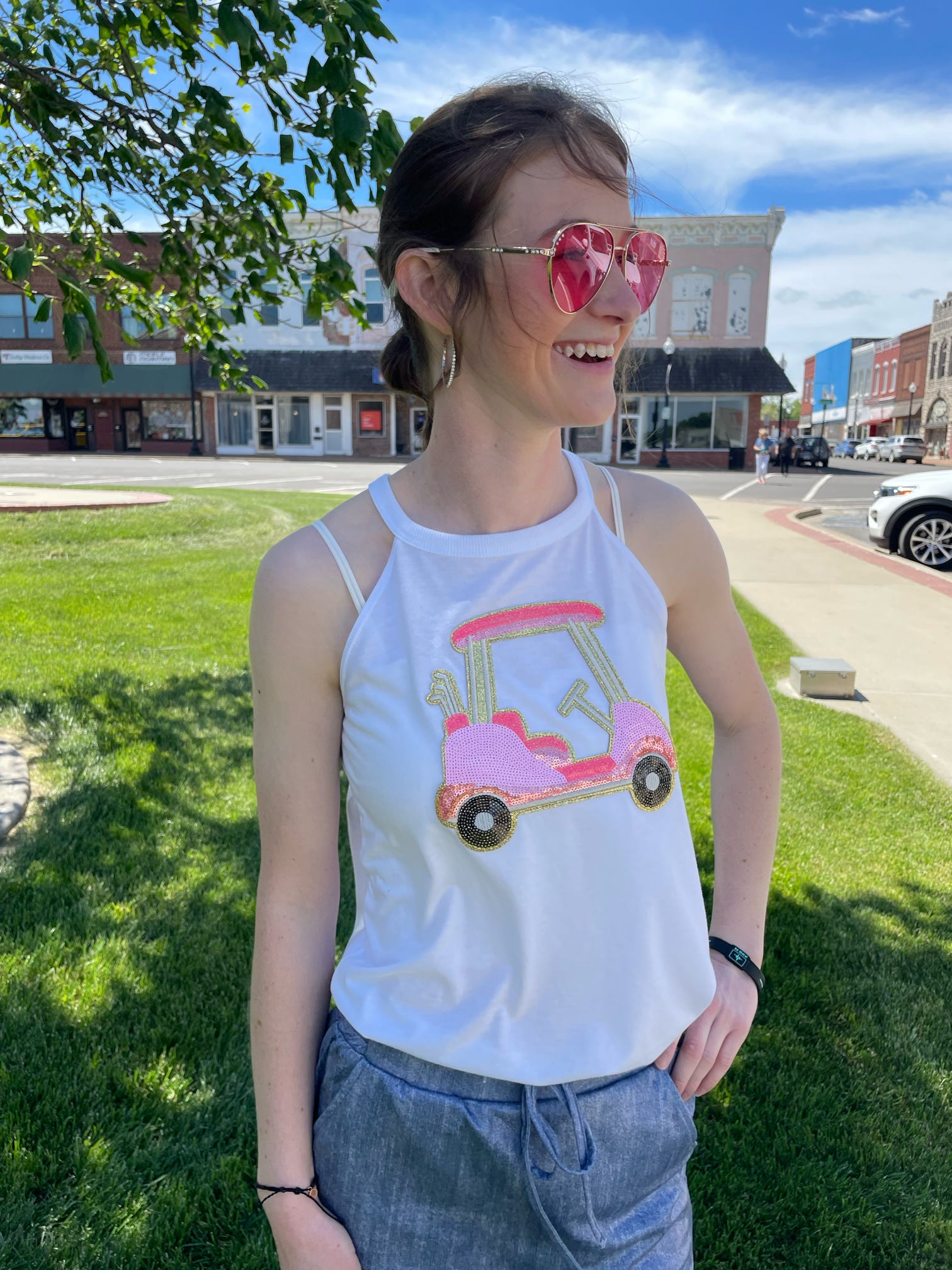 Sequin Golf Cart Patch on White Tank