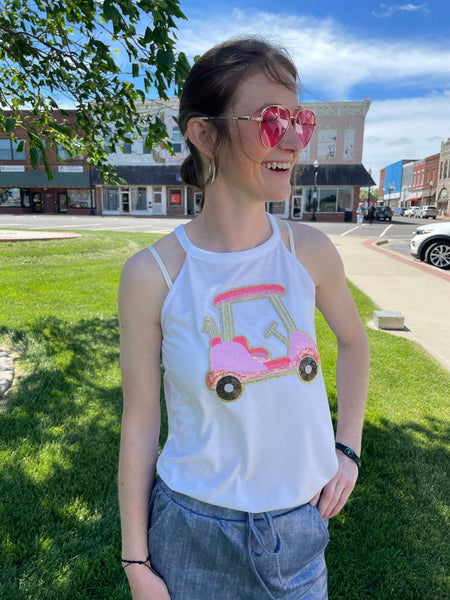Sequin Golf Cart Patch on White Tank