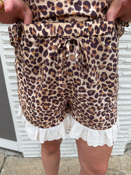 Leopard & Eyelet Lace Ruffled Top & Shorts Set