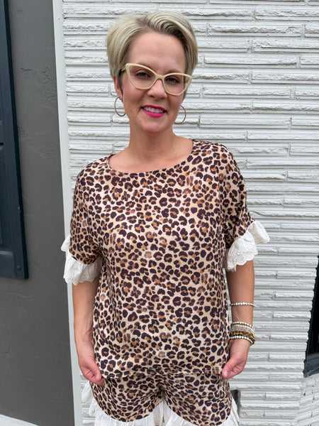 Leopard & Eyelet Lace Ruffled Top & Shorts Set