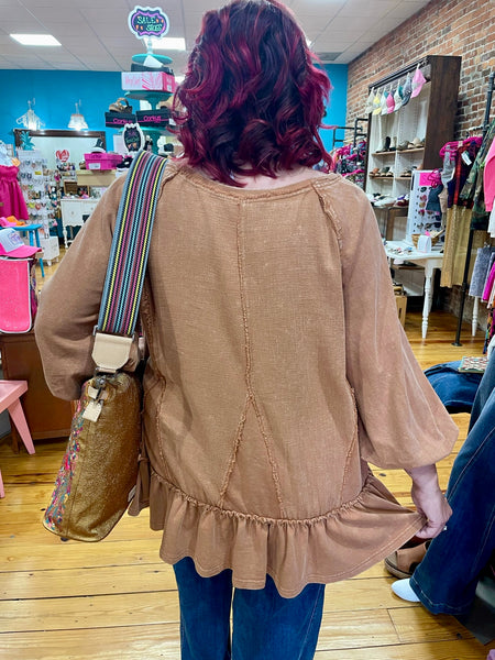 Cappuccino Bubble Sleeves Linen Mix Flowy Top w/ Ruffle Bottom
