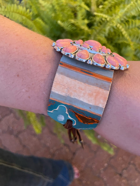 Large Salmon Pink Concho w/ Orange & Blue Tooled Leather Cuff