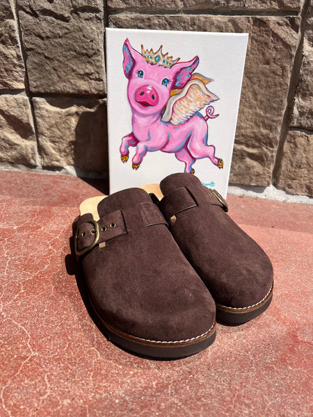 Corkys Distracted Clogs Chocolate Faux Sued