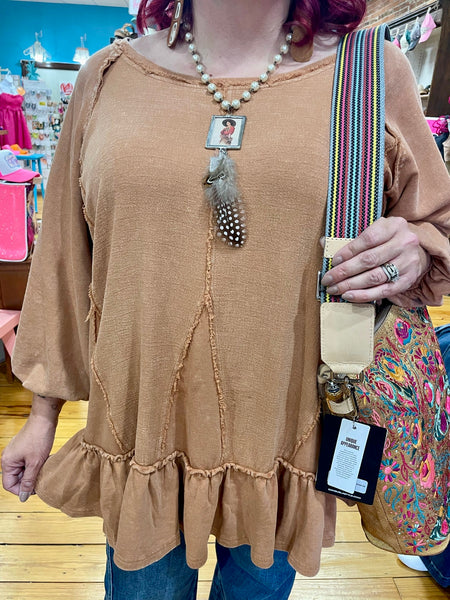 Cappuccino Bubble Sleeves Linen Mix Flowy Top w/ Ruffle Bottom