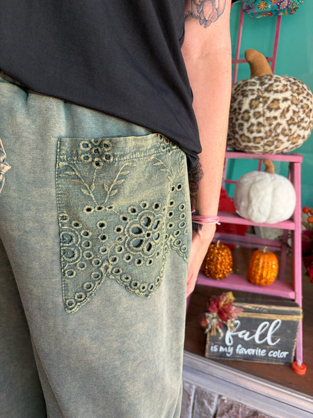 Olive Green Washed Terry Eyelet Mix Pants