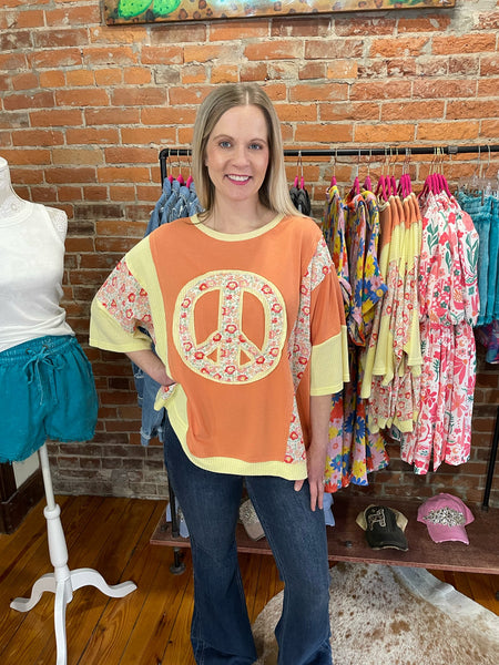 Carrot Color Peace Sign Top w/ Floral Details