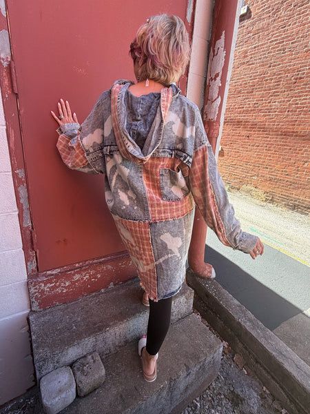 Denim/Marsala Washed & Bleached Denim Plaid Mix Button Front Shacket