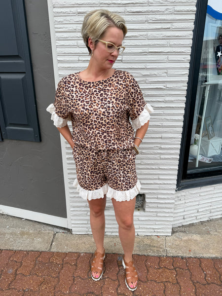 Leopard & Eyelet Lace Ruffled Top & Shorts Set