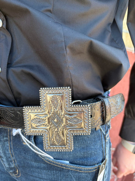 Black Tooled Leather Vintage Silver Cross Aztec Concho Belt