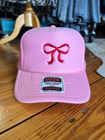 Bow Embroidered Pink Trucker Hat