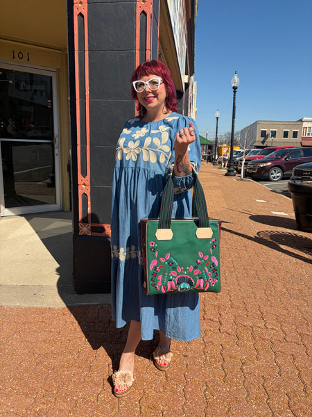 Washed Denim Long Dress w/ Embroidered Floral Details