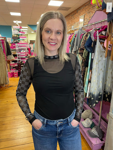 Checked in Black Mesh Top