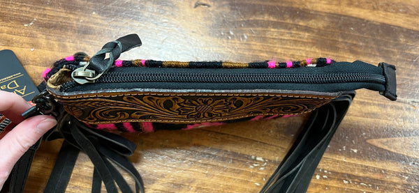 Pink/Black/White Saddle Blanket w/ Tooled Leather & Fringe Wristlet