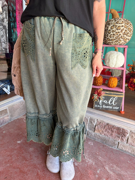 Olive Green Washed Terry Eyelet Mix Pants