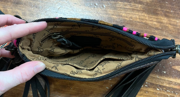 Pink/Black/White Saddle Blanket w/ Tooled Leather & Fringe Wristlet