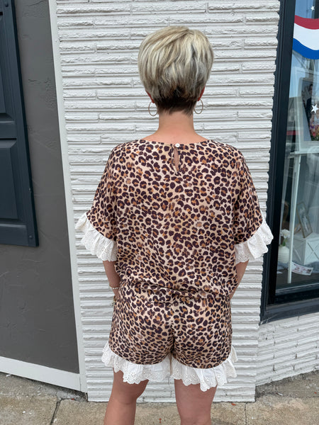 Leopard & Eyelet Lace Ruffled Top & Shorts Set