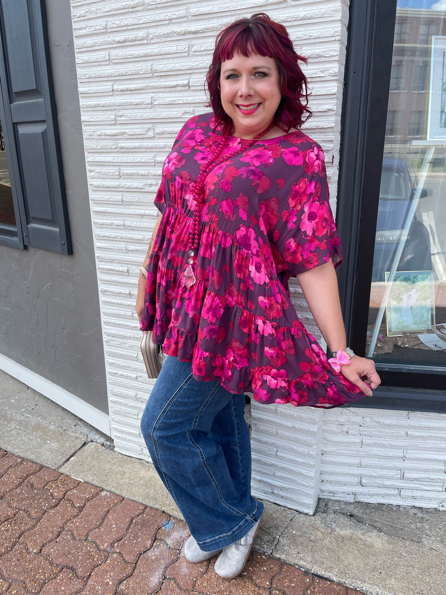 Ruby Plum Short Sleeve Floral Printed Tiered Top Plus Size