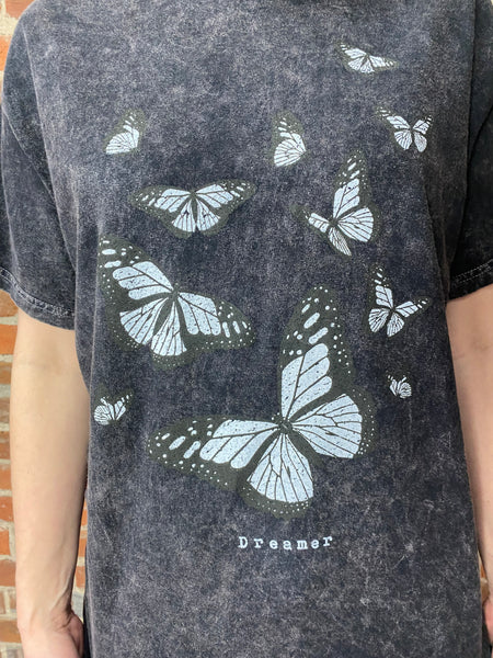 Black Mineral Wash Butterfly Graphic Tee