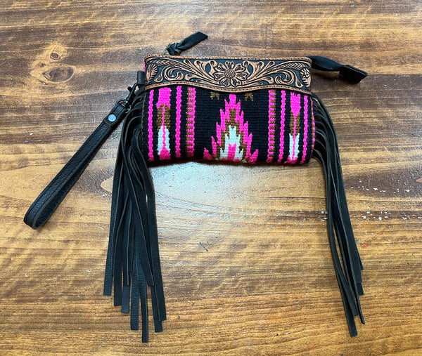 Pink/Black/White Saddle Blanket w/ Tooled Leather & Fringe Wristlet