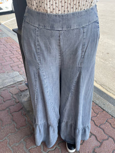 Washed Denim Ruffle Bottom Wide Leg Pants