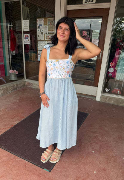 Light Blue Floral Print Dress w/ Tied Bow Straps
