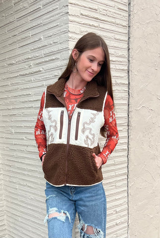 Brown Sherpa Vest w/ Aztec Panel
