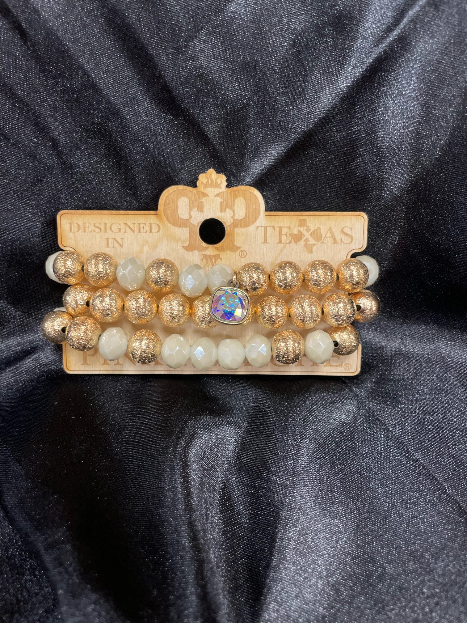 Crystal & Round Bead Bracelet Set Gold